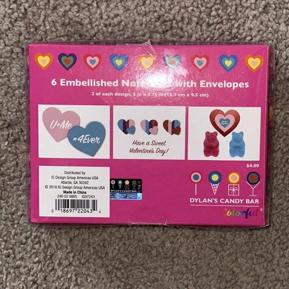 Dylan’s Candy Bar 6 Embellished Valentines Notecards with Envelopes! - Picture 2 of 3